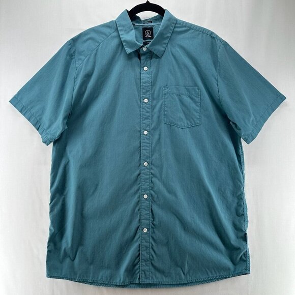 Volcom Shirt Mens Sz XL Classic Fit Button Down Short Sleeve Cotton Blend Blue - Picture 1 of 12